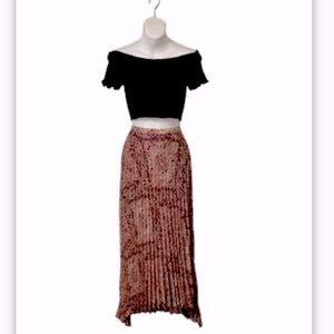 Free People Pleated Boho Flowy Sheer Burgundy Pink Maxi MIDI Skirt